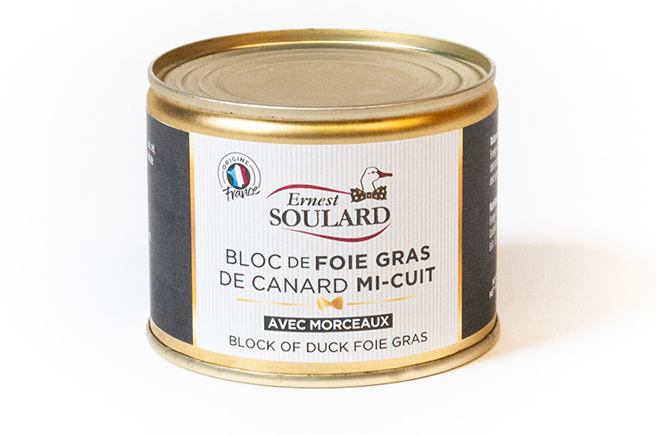 bloc foie gras canard morceaux 200g boite fer